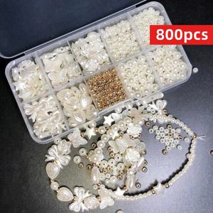 800개 화이트 믹스 아크릴 진주 광택 루즈 비즈 세트, DIY 쥬얼리 장식, 수제 공예 쥬얼리 제작에 우아한 선택