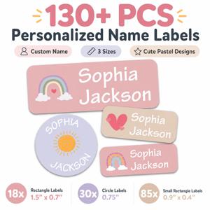 140Pcs 개인화 된 이름 라벨 방수 맞춤 스티커 어린이를위한 8 가지 스타일 병 도시락 상자 의류 배낭