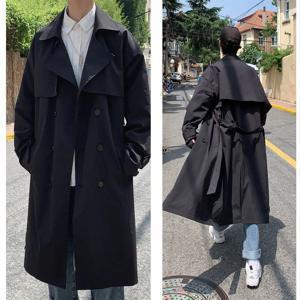 한국 스타일 용수철 트렌치 코트, 남성 스트리트웨어 바람막이 트렌치코트, 솔리드 비즈니스 캐주얼, 루즈 롱 오버코트