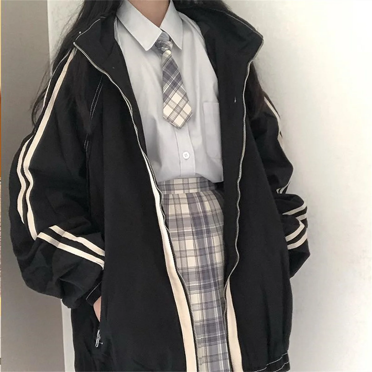 봄 가을 여성 프레피 재킷 학생용 루즈핏 스탠드 칼라 지퍼 코트 올매치 야구 스타일 패치워크 아우터 캐주얼