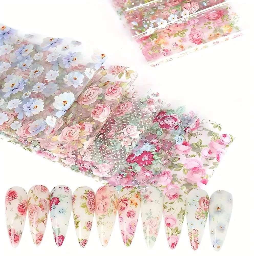 10PCS 혼합 네일 아트 포일 전사 스티커 세트 장미꽃 디자인 꽃무늬 별빛 하늘 네일 랩 웨딩 여름 매니큐어 장식