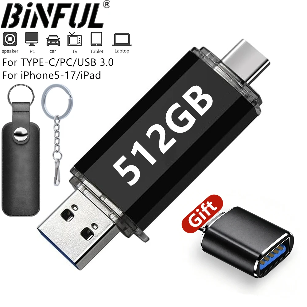 512GB OTG USB 플래시 드라이브 USB 3.0 타입 C 아이폰 아이패드용 128GB 256GB 펜드라이브 삼성 화웨이 샤오미 안드로이드 노트북 메모리 스틱