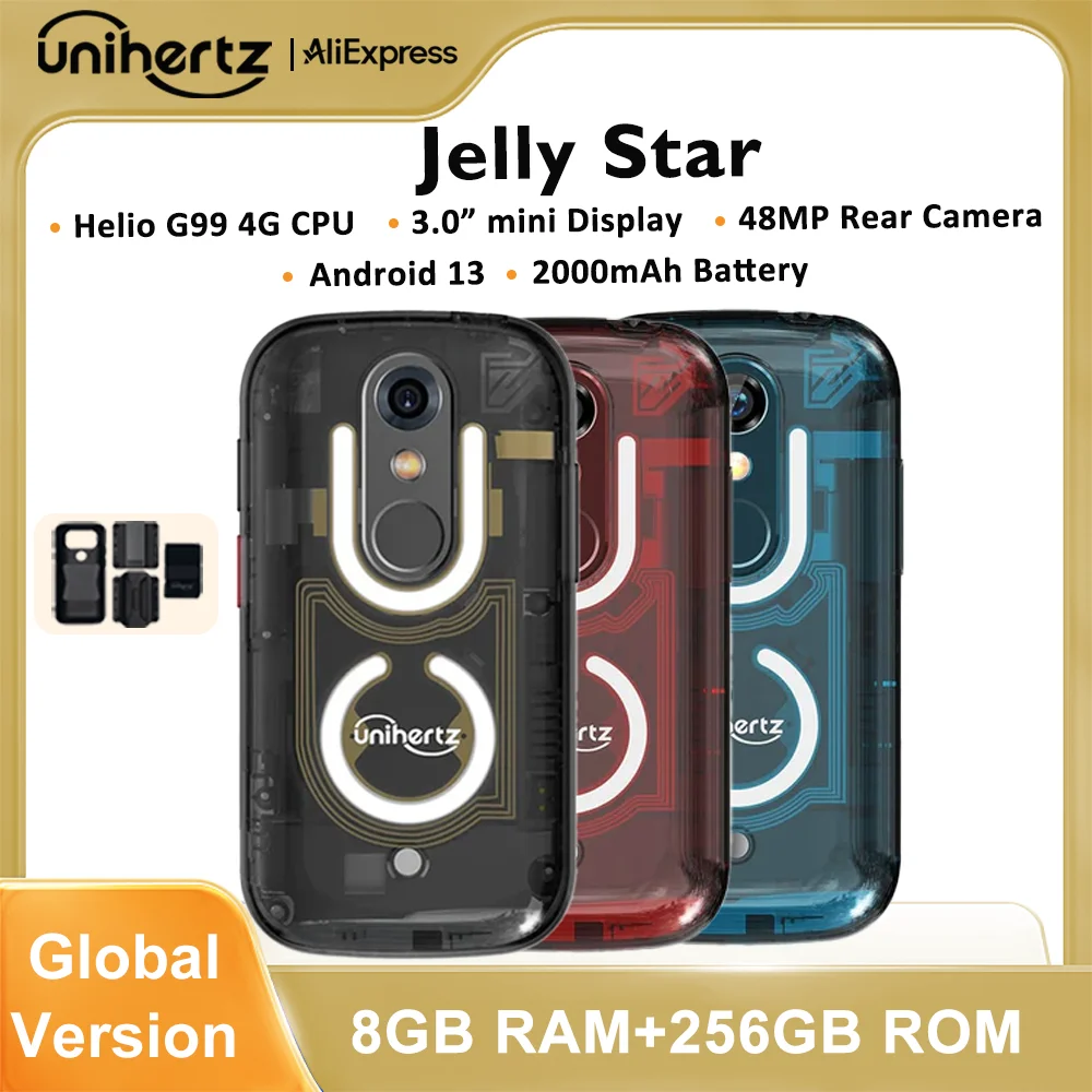 Unihertz Jelly Star 미니 스마트 폰 안드로이드 13 8GB 256GB Led 라이트 잠금 해제 투명 백 쉘 핸드폰 48MP 3 인치 전화