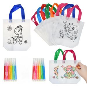마커가있는 DIY 낙서 가방 어린이를위한 수제 그림 부직포 가방 예술 공예 색상 작성 그리기 장난감 키즈 공예