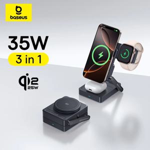 베이스어스 3 in 1 마그네틱 무선 충전기 Qi2.2 25W 고속 충전 아이폰 17 16 15 14 애플워치 이어버드 에어팟 프로 iWatch용