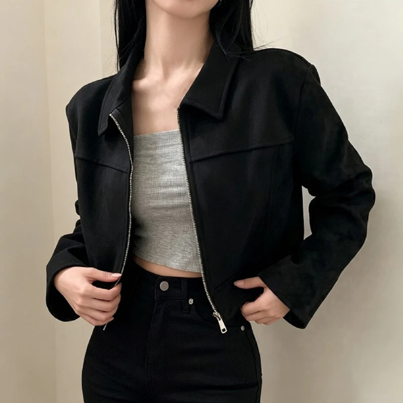 레트로 라펠 여성 숏 코트 지퍼 긴소매 패치워크 슬림핏 재킷 2026 봄 가을 출퇴근 오피스 데일리 아우터웨어