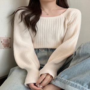가을 겨울 느슨한 여성 스웨터 캐주얼 소프트 롱 퍼프 슬리브 풀오버 점퍼 니트웨어 여성용 기본 스웨터 탑