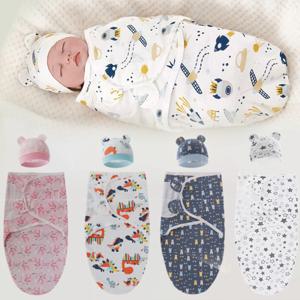 아기 담요 모자 세트 만화 인쇄 면 신생아 Swaddle 조정 가능한 유아 잠자는 Swaddle 랩 올 시즌 0-6 개월