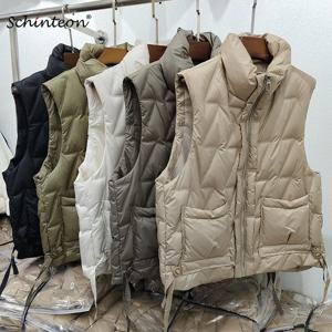 Schinteon 여성용 화이트 덕 다운 조끼, 따뜻한 한국 스타일 스탠드 칼라 민소매 재킷, 캐주얼 가을 겨울, 2024 신상