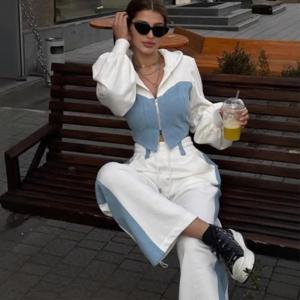패션 배색 패치워크 후드티 팬츠 세트 여성 지퍼 숏 후드 코트 레이스업 와이드 레그 팬츠 봄 가을 트레이닝복