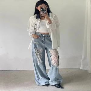 아메리칸 레트로 Y2K 2000년대 스타일 레이스 스플라이스 데미지 진 여성 루즈핏 와이드 레그 여름 스타일 디자인 하이웨이스트 스트레이트 팬츠