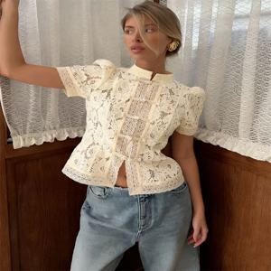 Tossy Fashion Hollow Out 레이스 셔츠 카디건 여성용 반팔 시스루 패치 워크 통근 탑 여성 여름 레이스 블라우스
