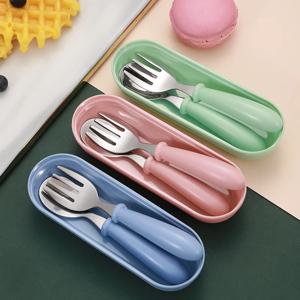 3pcs 어린이 숟가락 포크 상자 어린이 스테인레스 스틸 어린이 칼 붙이 휴대용 아기 먹이기구 아기 숟가락 아기 식기 세트