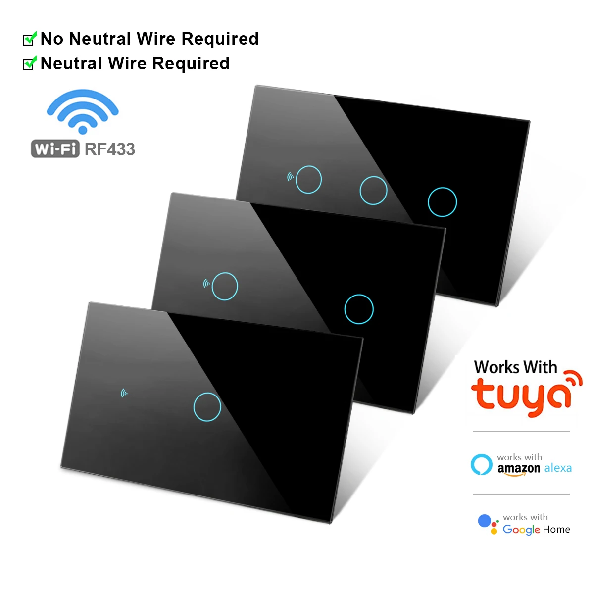 RF433 1/2/3/4갱 미국형 WiFi 스마트 벽 스위치 (중성선 필요 없음) 터치 센서 조명 스위치, 투야 앱, 알렉사, 구글 홈과 호환
