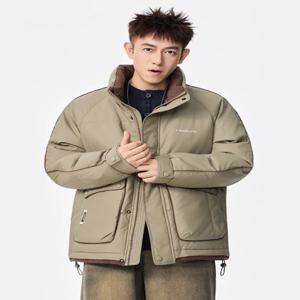 아메리칸 스타일 두꺼운 스탠드 칼라 컬러 블록 따뜻한 오리털 파카 남성용 겨울 코트 방풍 아웃도어 작업복 재킷