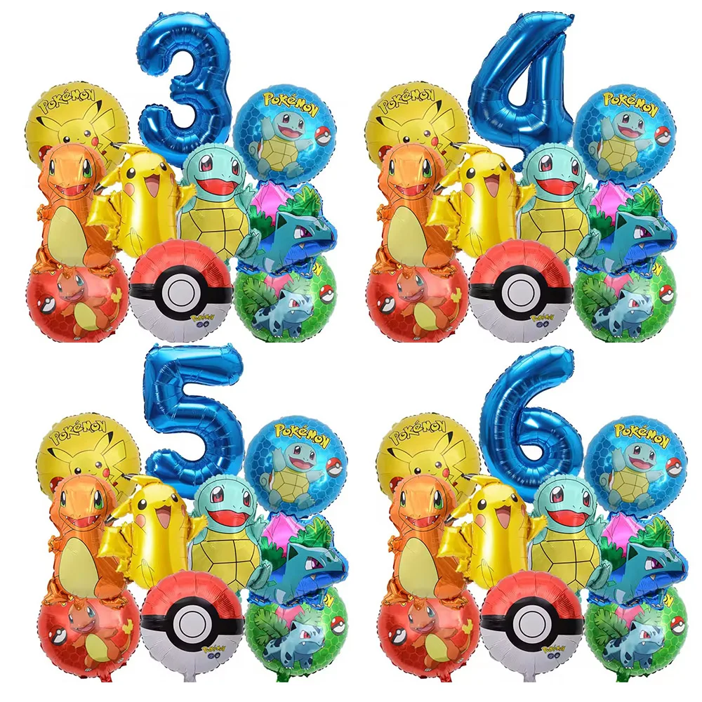 10pcs 포켓몬 풍선 세트 피카추 포켓몬 볼 풍선 32인치 블루 넘버 풍선 어린이를 위한 1-9번째 생일 파티 장식