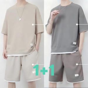 1+1 2종세트 남성 여름 와플 반팔 티셔츠 반바지 세트 데일리 편안한 빅사이즈 트레이닝복 상하세트 반팔티
