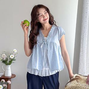 [리린][레이어드한듯/가벼운착용감] 토피넛 A라인 프릴 리본 세로결감 블라우스