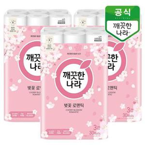 [깨끗한나라] 벚꽃 로맨틱 3겹 펄프 화장지 27m 30롤x3팩
