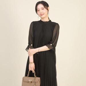 [애비뉴투지]엄마옷 쉬폰 플리츠 셔링 크루 라운드 진주 5부 반팔 여성 여름 롱 원피스 K05518