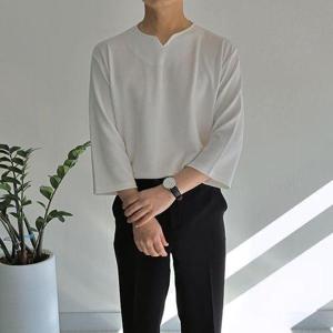 [맨즈북]구김없는 남성 7부티셔츠 트임 슬릿넥 흰색 긴팔티