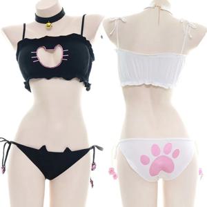 애니메이션 소녀 귀여운 고양이 발 비키니 수영복, 코스튬 여름 해변 소녀, 미니 사랑스러운 고양이 벨 수영복, 유니폼 코스프레 고양이 할로우 브라