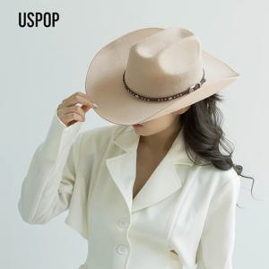 스터드 가죽 밴드가 있는 USPOP 울 카우보이 모자 와이드 브림 웨스턴 페도라 야외 패션 모자 남성 여성을 위한 4가지 사이즈