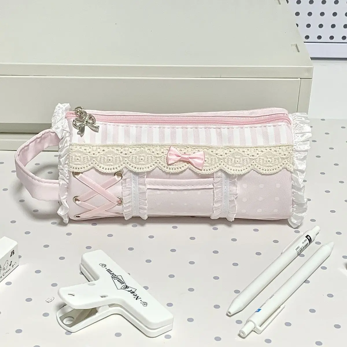 핑크 소녀 귀여운 레이스 연필 케이스 학생 대용량 데스크탑 보관 문구 펜 가방 귀여운 소녀 메이크업 가방 선물