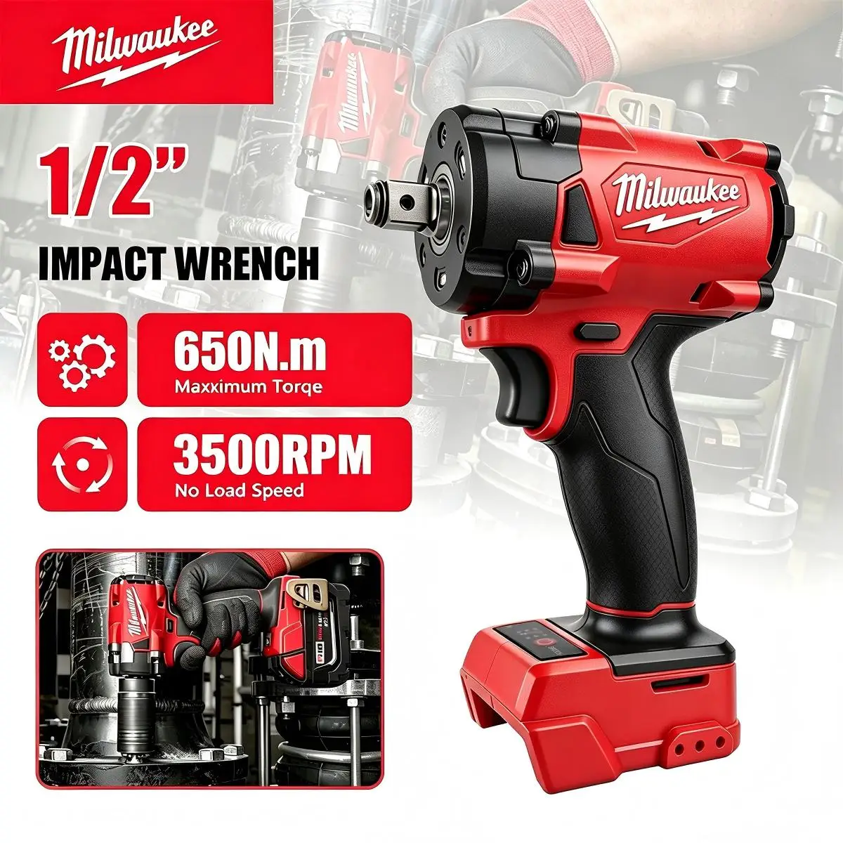 밀워키 1/2' M18 FUEL 브러시리스 무선 임팩트 렌치 650N.m 3500RPM 3개의 LED 조명 포함 컴팩트 토크 렌치 전동 공구