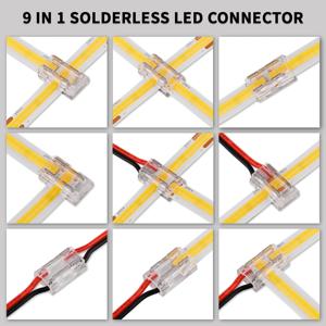 8개 LED 커넥터 무납땜 9 in 1 투명 커넥터 DIY L T X 모양 15cm 와이어 2핀 8mm 10mm COB LED 스트립 조명용