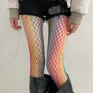 여성 여름 얇은 Y2K 서브컬쳐 스파이시 걸스 팬티스타킹 스윗 쿨 도파민 레인보우 컬러 메쉬 타이츠 JK 고스 피쉬넷 스타킹