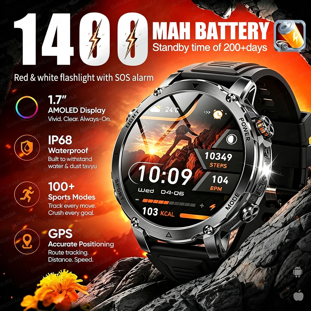 새로운 1400mAh 대용량 배터리 스마트 시계 남성용 야외 GPS 손전등 IP68 방수 블루투스 통화 AMOLED 군용 스포츠 스마트워치