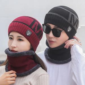 겨울 따뜻하고 벨벳 소재의 헤드 프로텍터 니트 모자(남녀공용 사이클링용), 방한 모자, 목 보호대 2종 세트