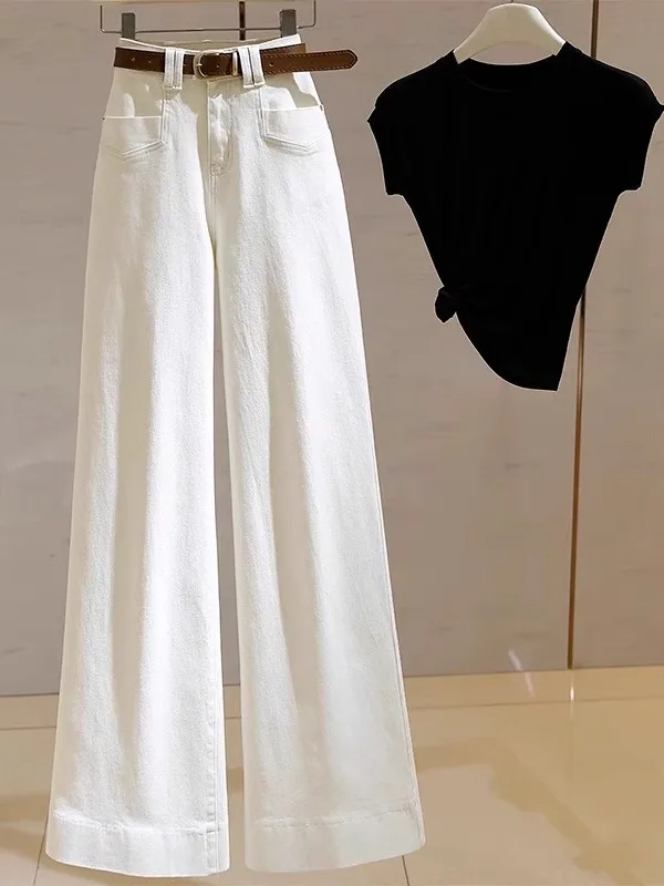 화이트 스트레이트 레그 청바지 여성 여름 얇은 하이 웨이스트 와이드 레그 팬츠 루즈한 디자인 한국 스타일 롱 얇은 데님 스키니