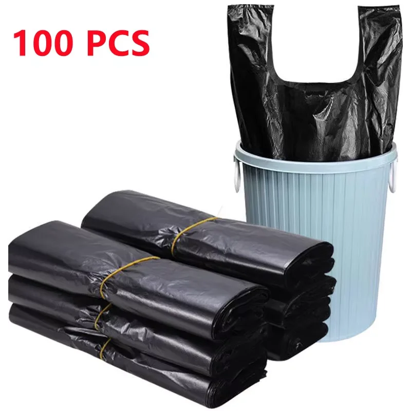 100PCS 검정색 두꺼운 플라스틱 조끼 가방 - 테이크 아웃 주방 쓰레기 보관 포장 보관 가방용 슈퍼마켓 쇼핑백