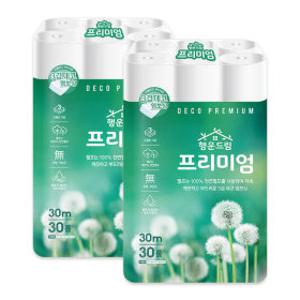 행운드림 프리미엄 3겹 30롤 30m x 2팩 부드러운 100% 천연펄프 무형광 비데겸용 화장지 휴지 두루마리