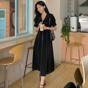 드페인브 바스락 스티치 오픈카라 집업 롱 원피스/빅사이즈/여성의류/데이트룩/출근룩/하객룩/데일리룩