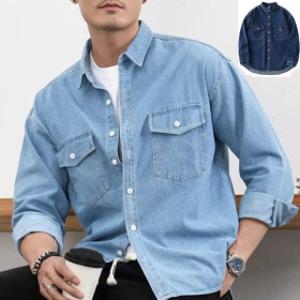남성 봄가을 WASHED 워시드 디스트레스 레트로 포켓덮개 긴팔 데님 셔츠 청남방 2칼라/2 시원한 데님셔츠