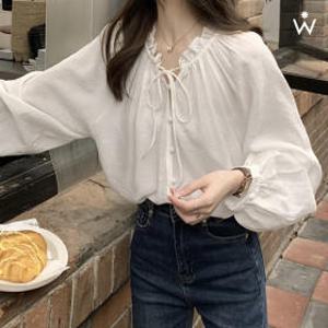 스트링 리본 프릴넥 콩단추 블라우스 (WIACBL012)