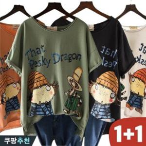 100kg까지 빅사이즈 1+1 여성 캐릭터 프린트 트임 반팔 티셔츠 여름 편한 언발티 오버핏 캐주얼 박스티 시