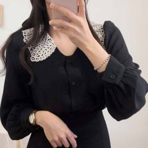 루디아스 러버 여성 봄 리프 카라 레이스 쉬폰 블라우스