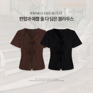 (데이트룩/구김X) 솔러티 링클주름 레이스 리보닝 반팔블라우스(44~99)_빅사이즈
