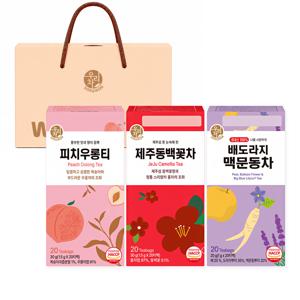 송원 우리차 배도라지맥문동차 20T+제주동백꽃차 20T+피치우롱티 20T + 셀렉션 선물박스포장