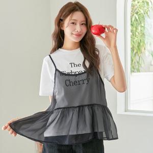 [핑크시슬리] SET/체리 시스루 셔링 플레어 뷔스티에and반팔티 세트