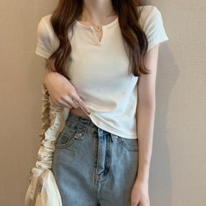 [로아리빙]여성 반팔티 여름 스판 슬림 브이넥 이너티 티셔츠