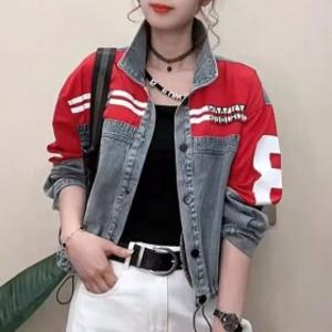 여성 데님 배색 캐주얼 루즈핏 긴팔 프린트 버튼 숏 자켓 아우터 재킷 B0090504