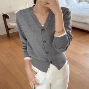 S/M/L 3사이즈 앤톤 여성 봄 가을 루즈핏 브이넥 긴팔 여리핏 세미 크롭 가디건 부드러운 간절기 아우터