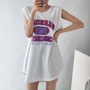 크로스레터링 라운드박스 롱나시티셔츠 데일리 빅사이즈 루즈핏 민소매 면캐주얼