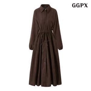 카라넥 허리 끈 버튼업 롱 원피스 (GPDOW003D)