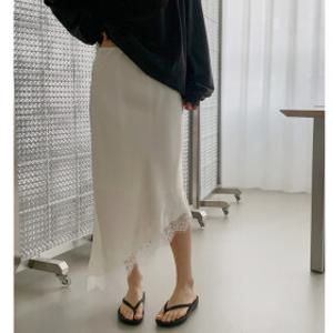 R216 사선 새틴스커트  밴딩 레이스 언발란스 롱스커트 데일리 실크 쉬폰